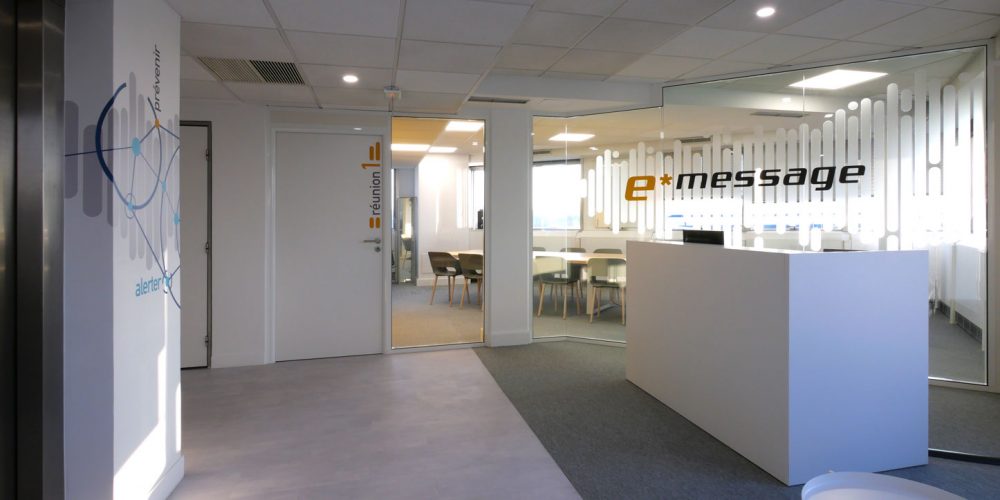 E*Message - Réalisation de décors muraux et vitrophanies sur un plateau de bureau à Suresnes